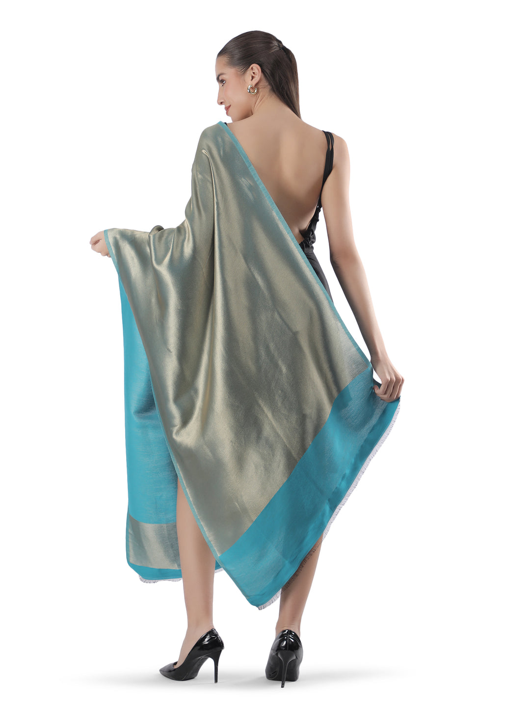 Him/Her Teal Blue Zari Reversible 100% Fine Wool Stole- 310