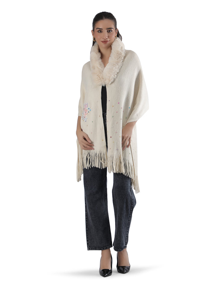 Beige Floral Embroidery Fur Collar Poncho - 154 (Free Size)