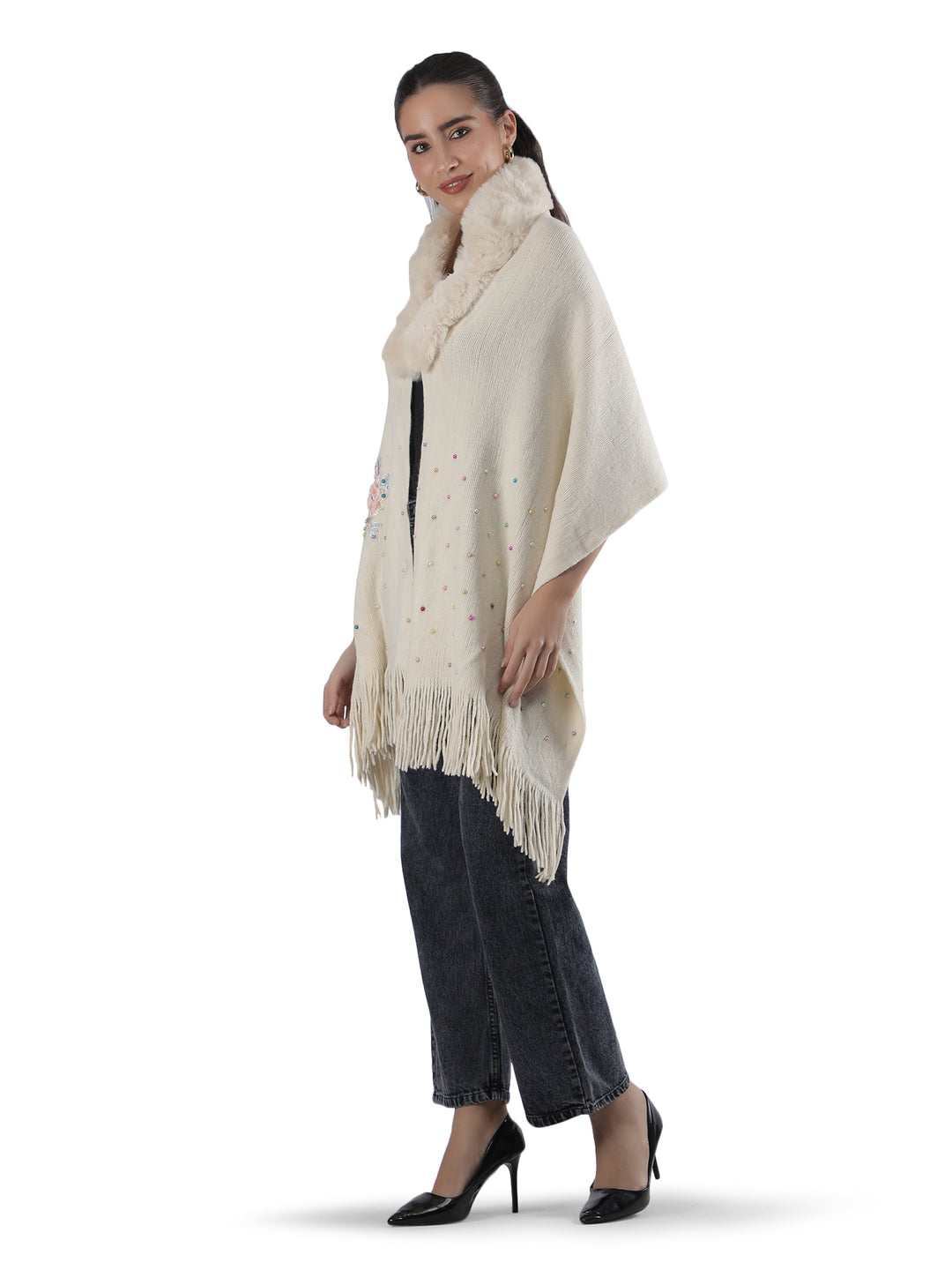 Beige Floral Embroidery Fur Collar Poncho - 154 (Free Size)
