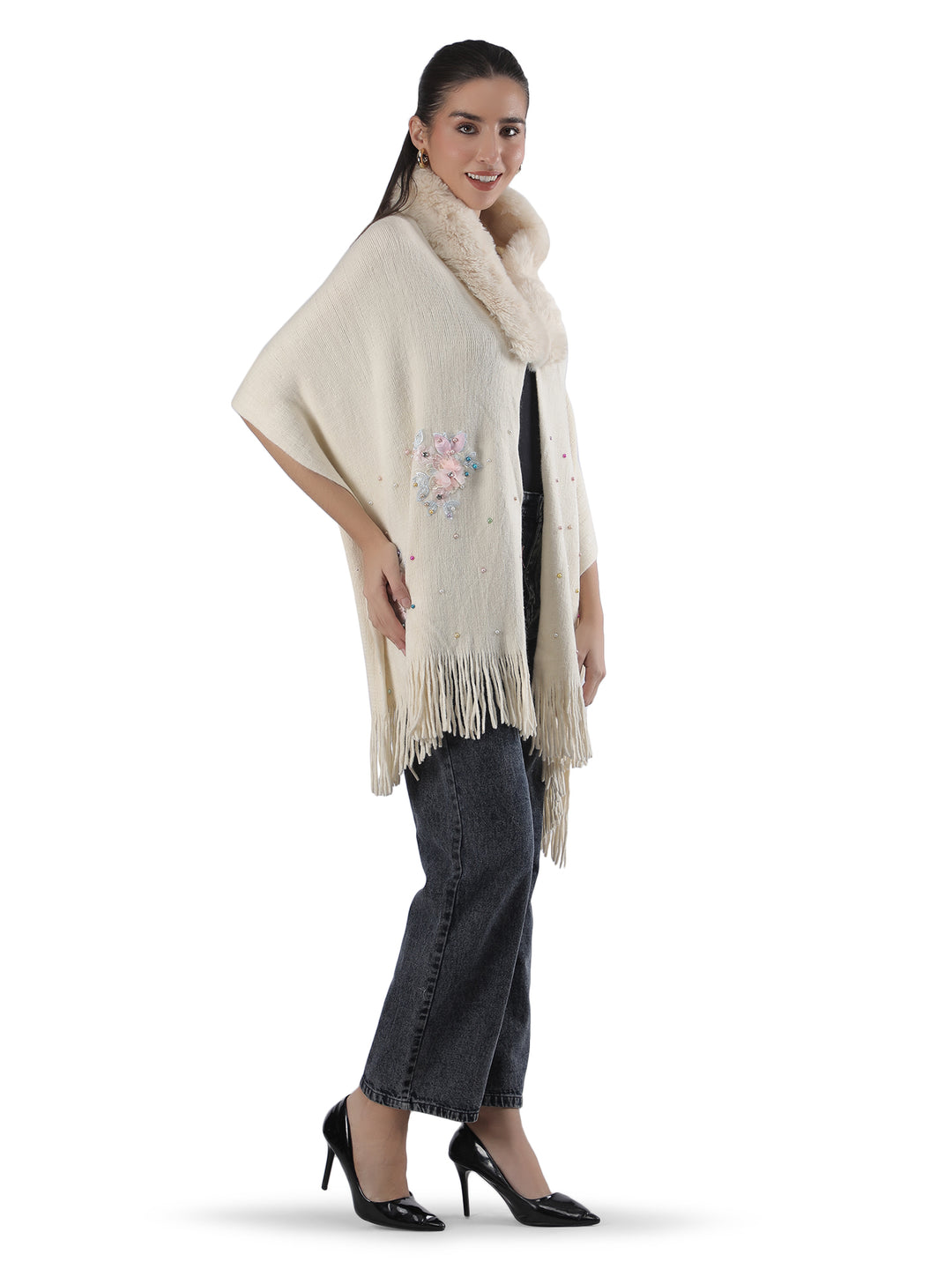 Beige Floral Embroidery Fur Collar Poncho - 154 (Free Size)