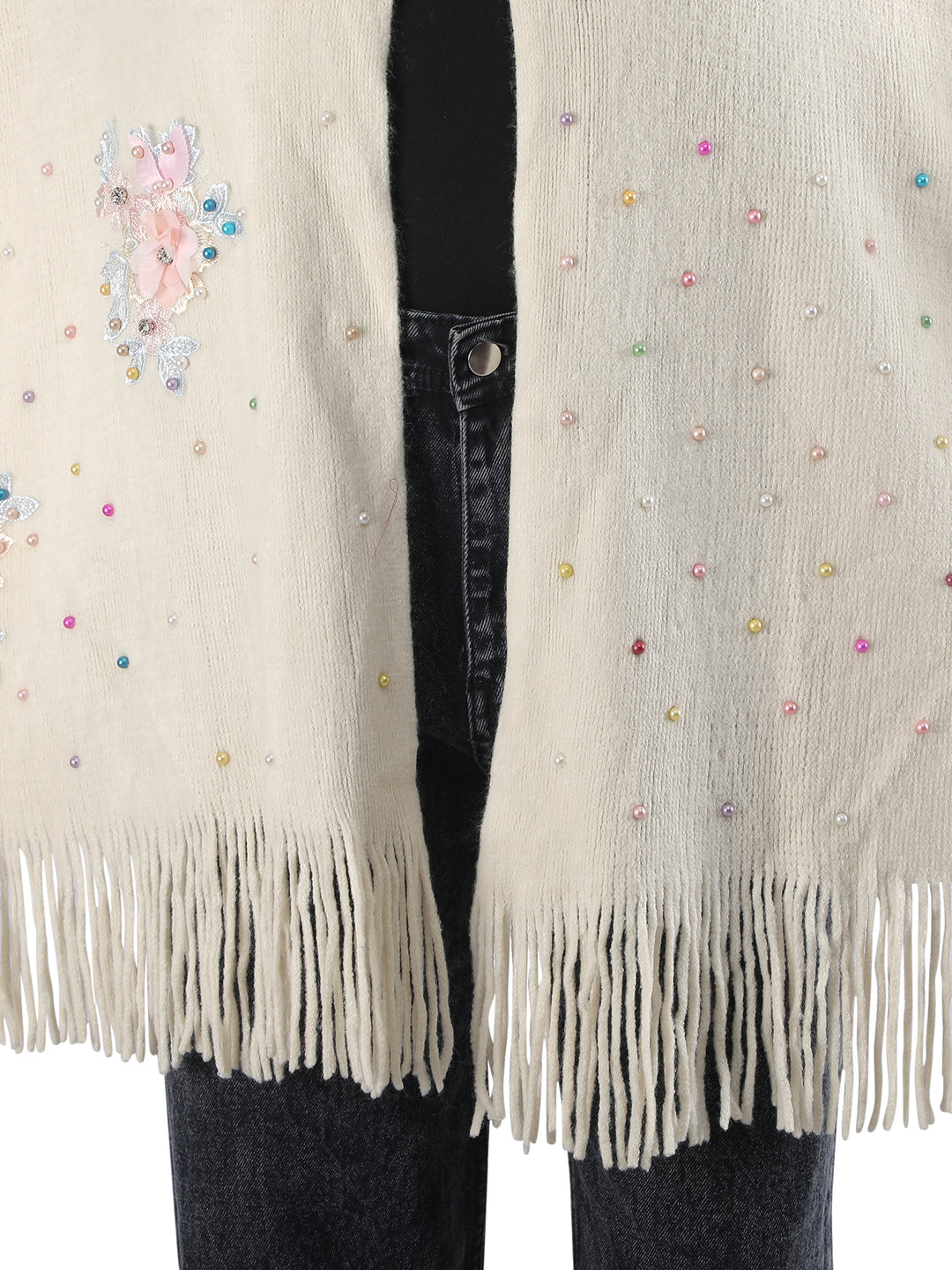 Beige Floral Embroidery Fur Collar Poncho - 154 (Free Size)