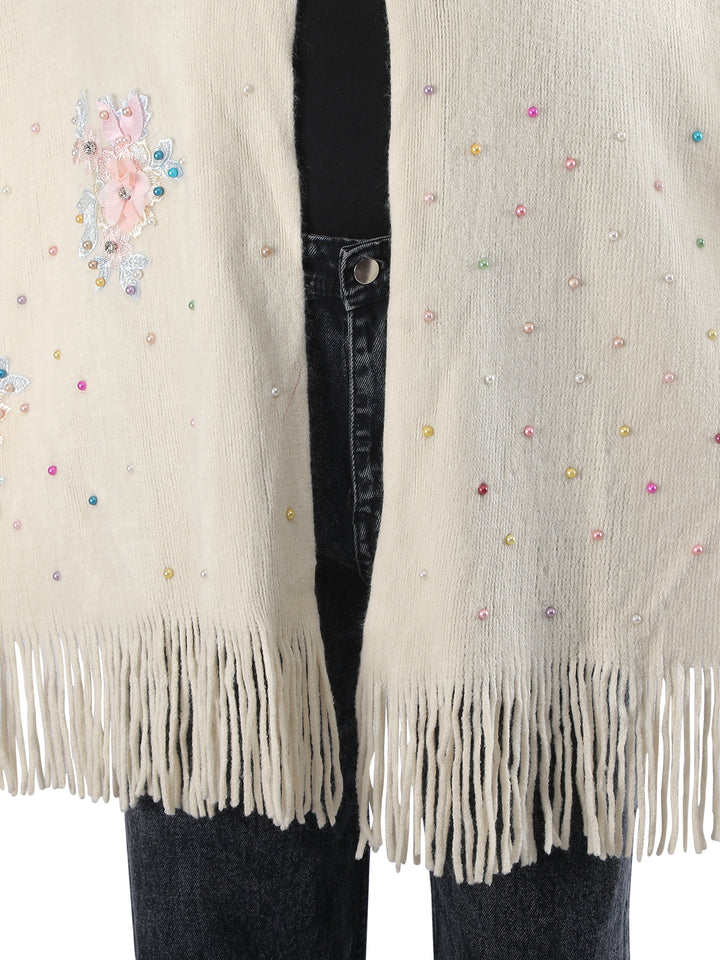 Beige Floral Embroidery Fur Collar Poncho - 154 (Free Size)