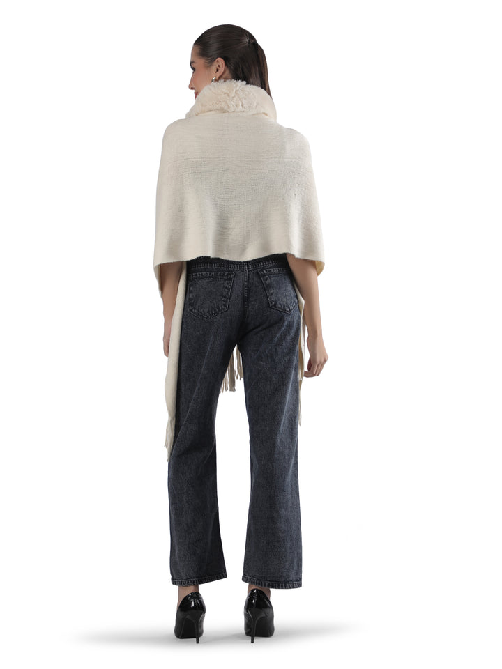 Beige Floral Embroidery Fur Collar Poncho - 154 (Free Size)