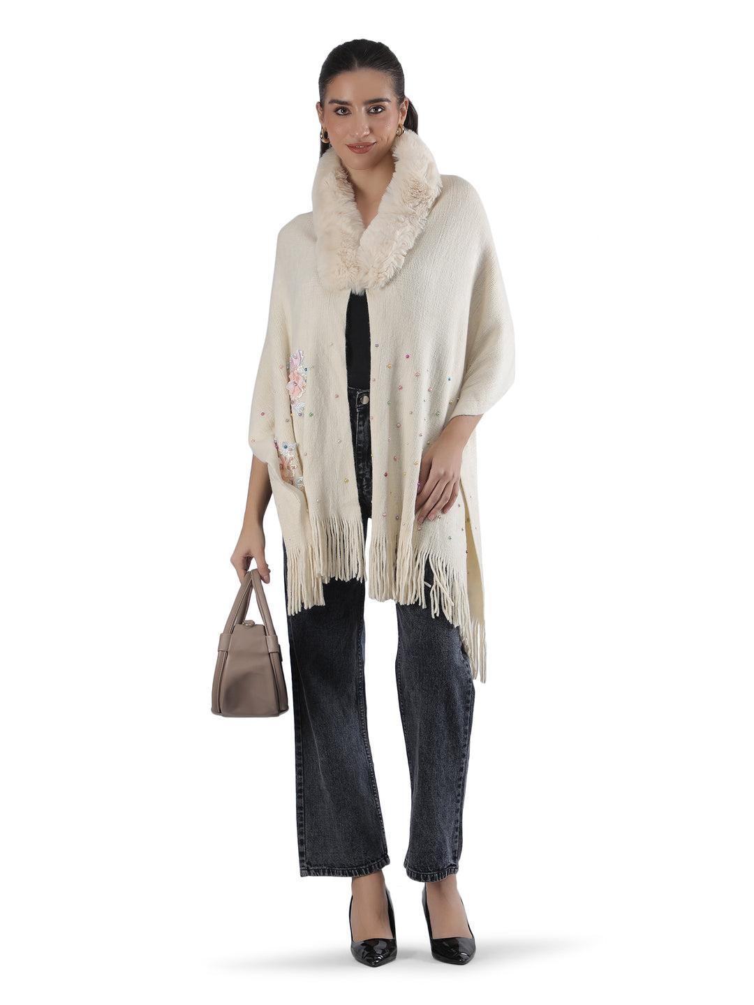 Beige Floral Embroidery Fur Collar Poncho - 154 (Free Size)