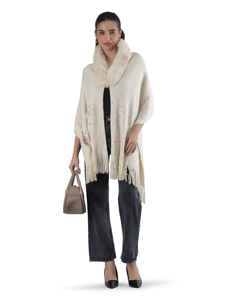 Beige Floral Embroidery Fur Collar Poncho - 154 (Free Size)