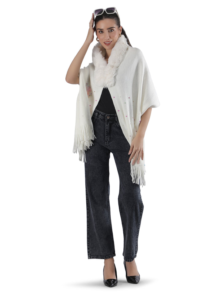 White Floral Embroidery Fur Collar Poncho - 152 (Free Size)