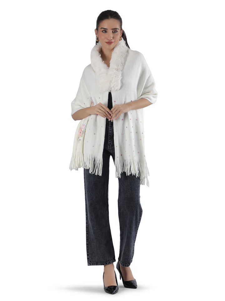 White Floral Embroidery Fur Collar Poncho - 152 (Free Size)