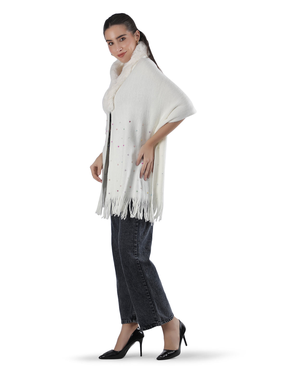 White Floral Embroidery Fur Collar Poncho - 152 (Free Size)