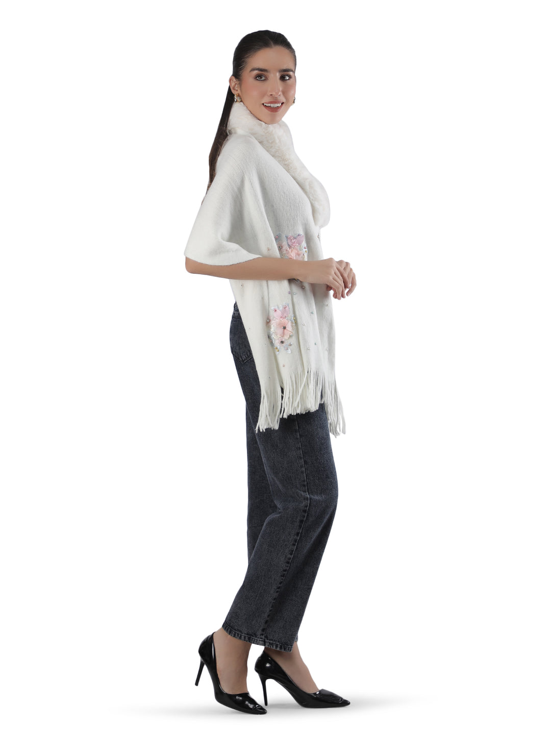White Floral Embroidery Fur Collar Poncho - 152 (Free Size)