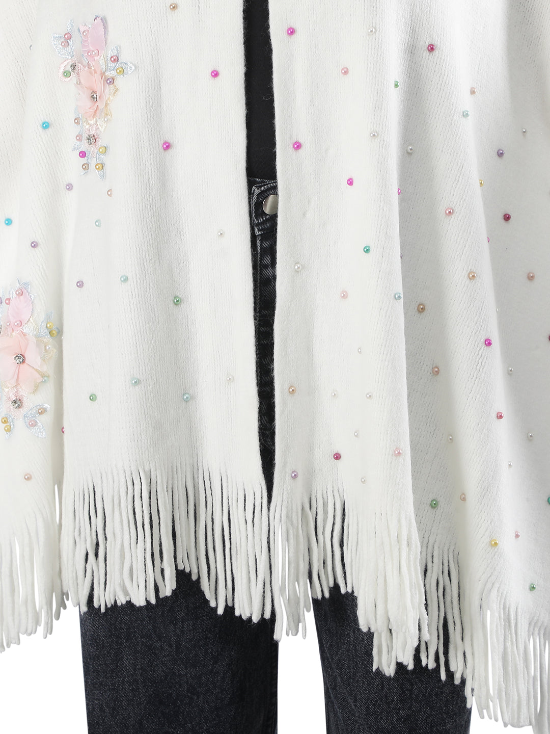 White Floral Embroidery Fur Collar Poncho - 152 (Free Size)