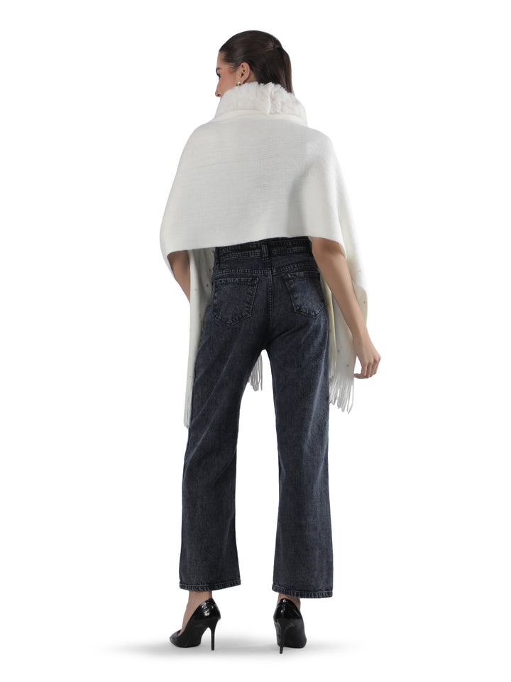 White Floral Embroidery Fur Collar Poncho - 152 (Free Size)