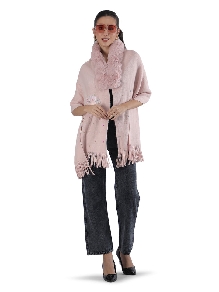 Pink Floral Embroidery Fur Collar Poncho - 153 (Free Size)