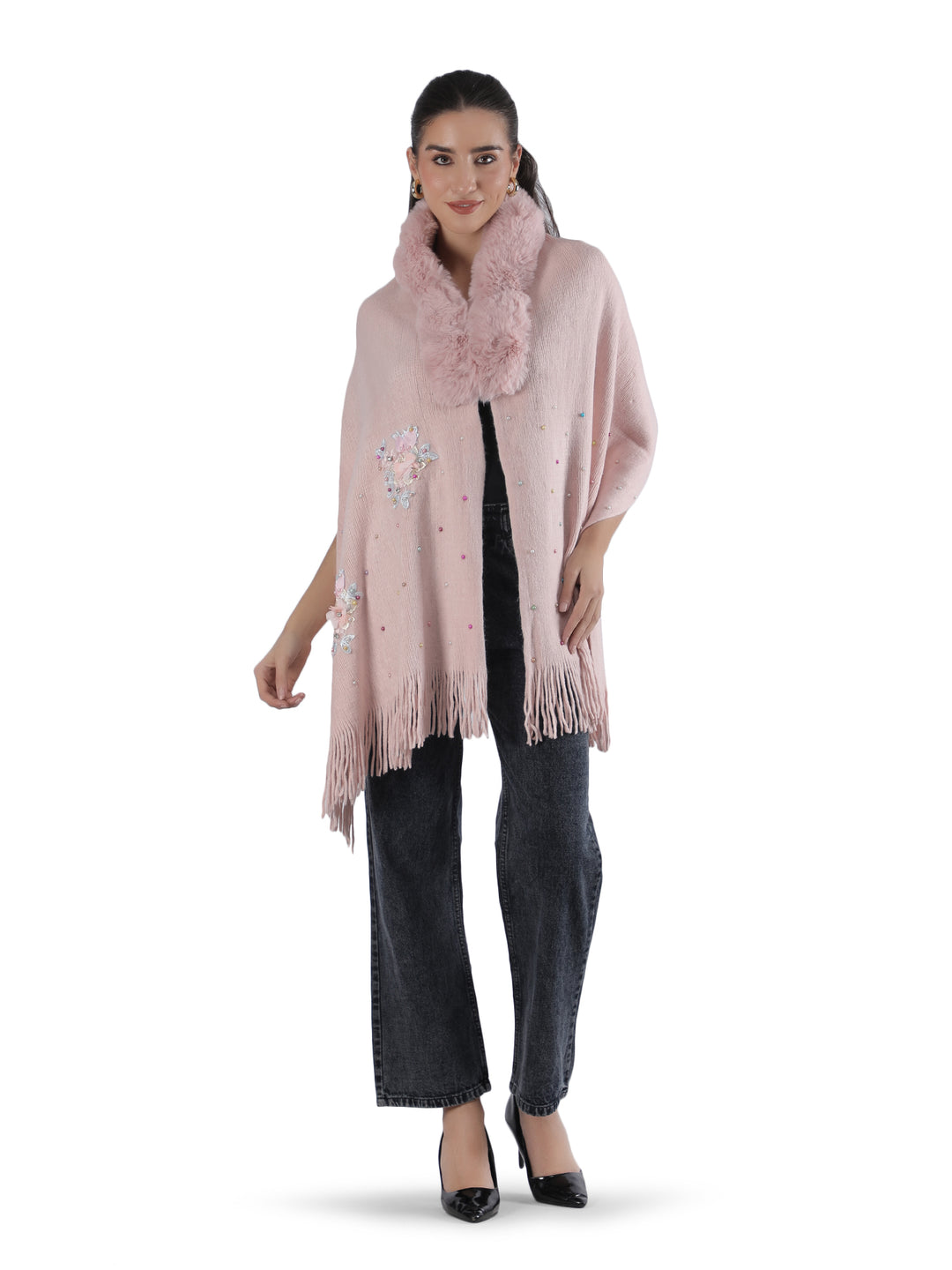 Pink Floral Embroidery Fur Collar Poncho - 153 (Free Size)
