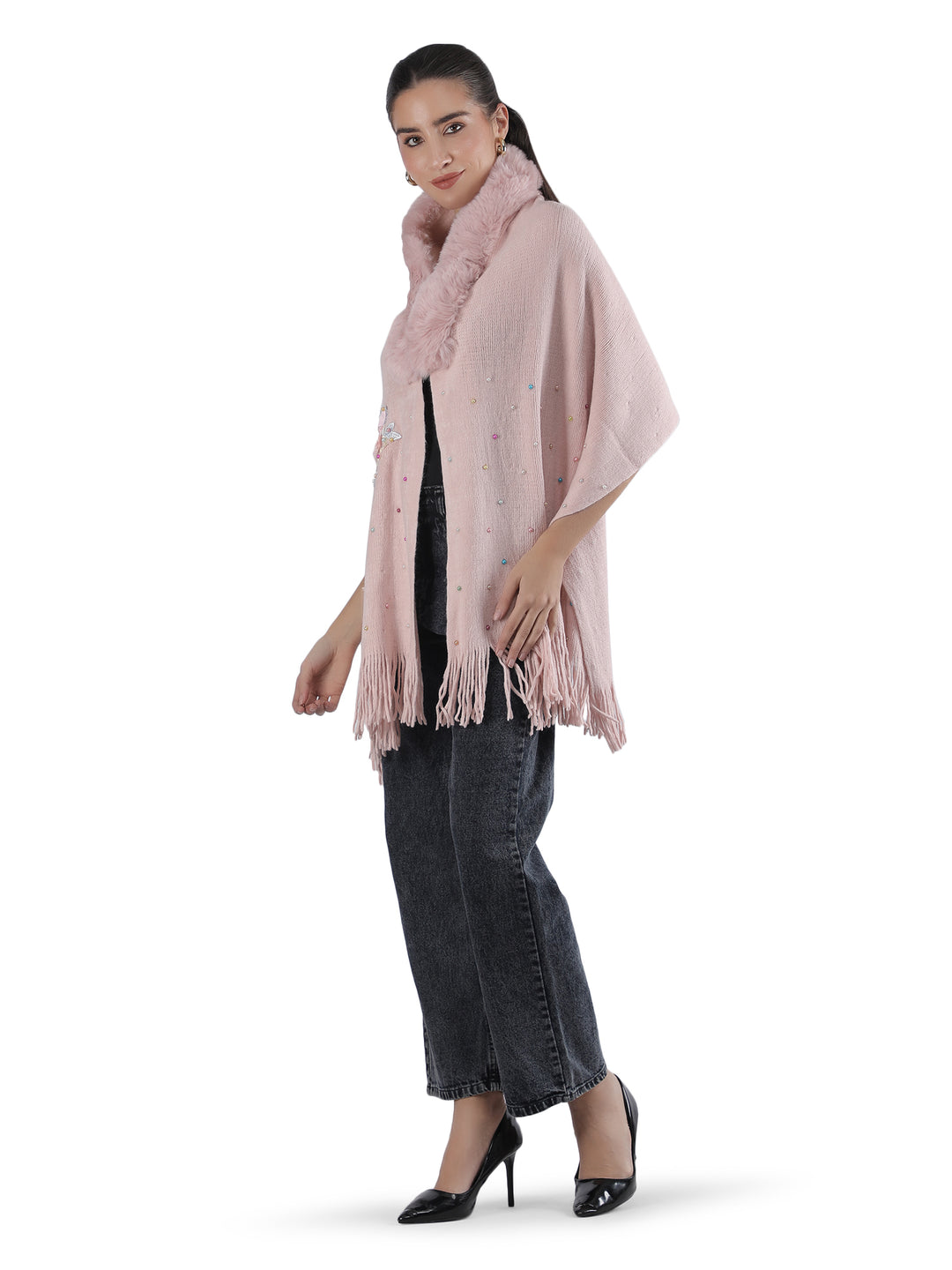 Pink Floral Embroidery Fur Collar Poncho - 153 (Free Size)