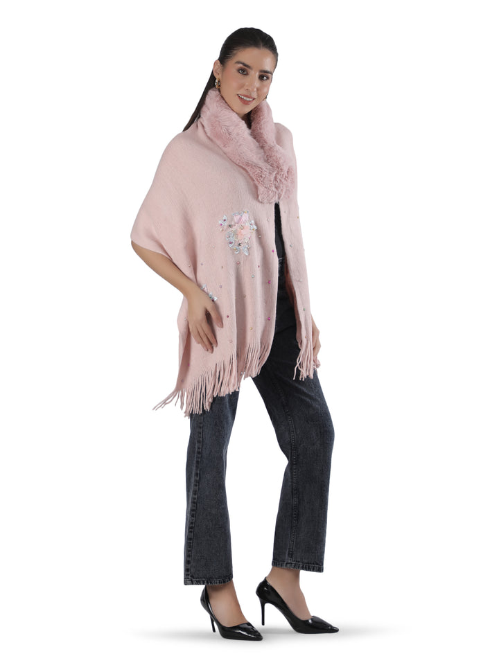 Pink Floral Embroidery Fur Collar Poncho - 153 (Free Size)