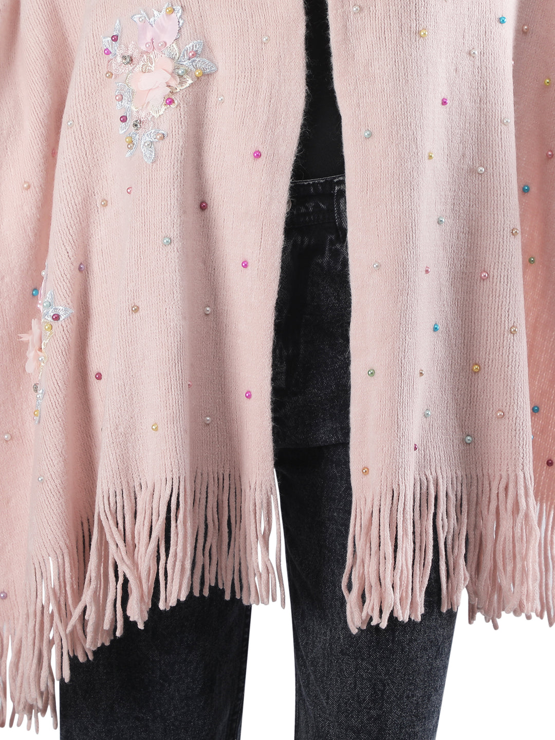 Pink Floral Embroidery Fur Collar Poncho - 153 (Free Size)