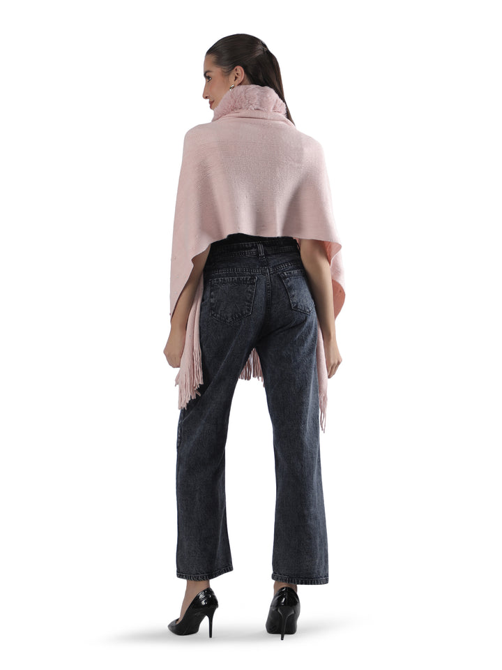 Pink Floral Embroidery Fur Collar Poncho - 153 (Free Size)