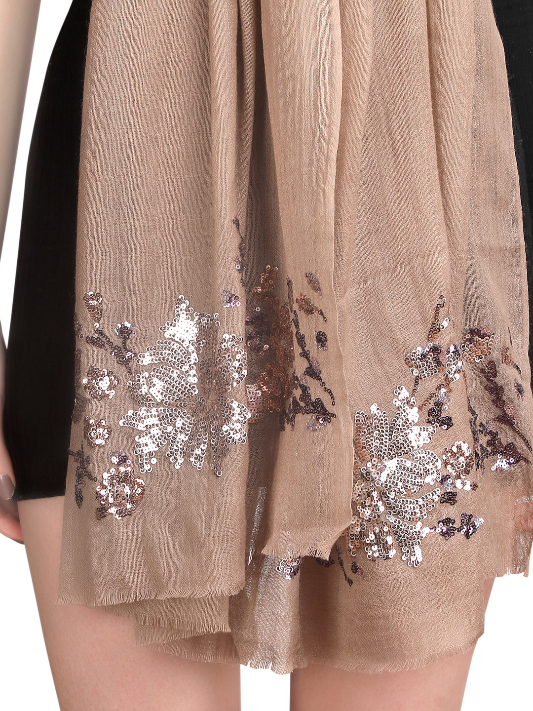 Chocolate Brown Floral Sequins 100% Fine Wool Stole -393