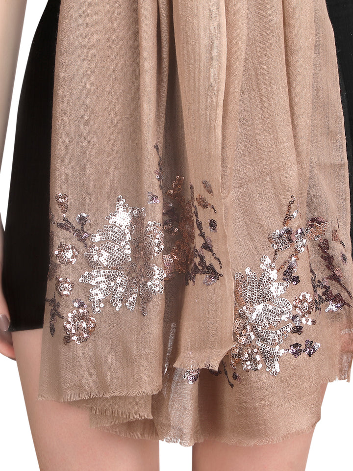 Chocolate Brown Floral Sequins 100% Fine Wool Stole -393