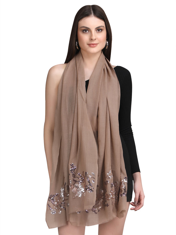 Chocolate Brown Floral Sequins 100% Fine Wool Stole -393