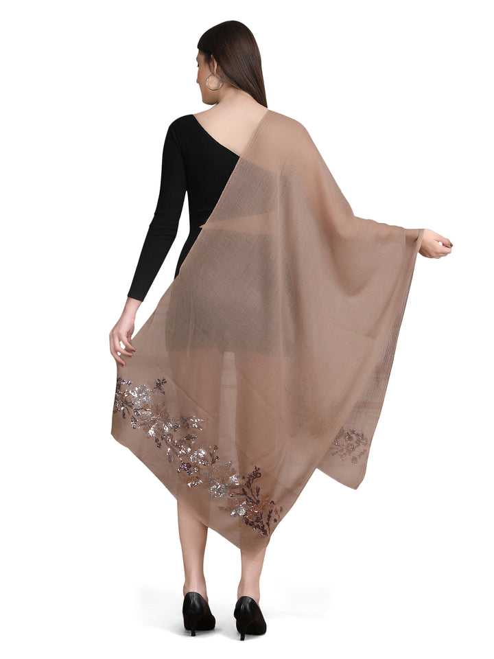 Chocolate Brown Floral Sequins 100% Fine Wool Stole -393