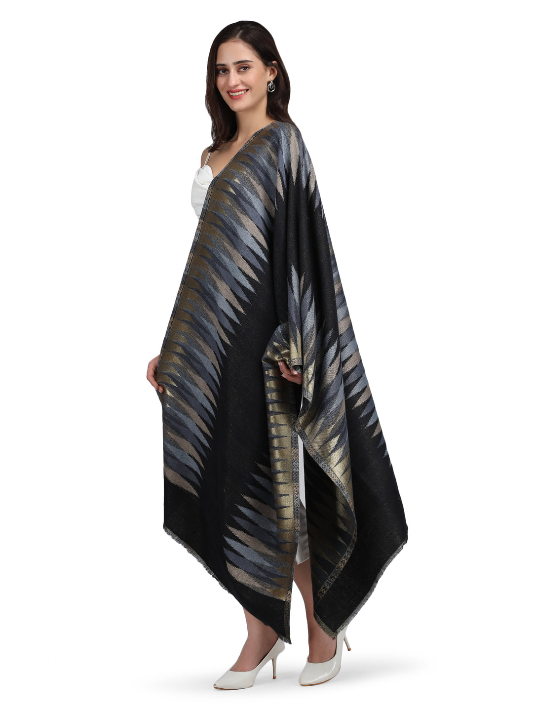 Black Zari Leheriya 100% Fine Wool Stole - Reversible- 365