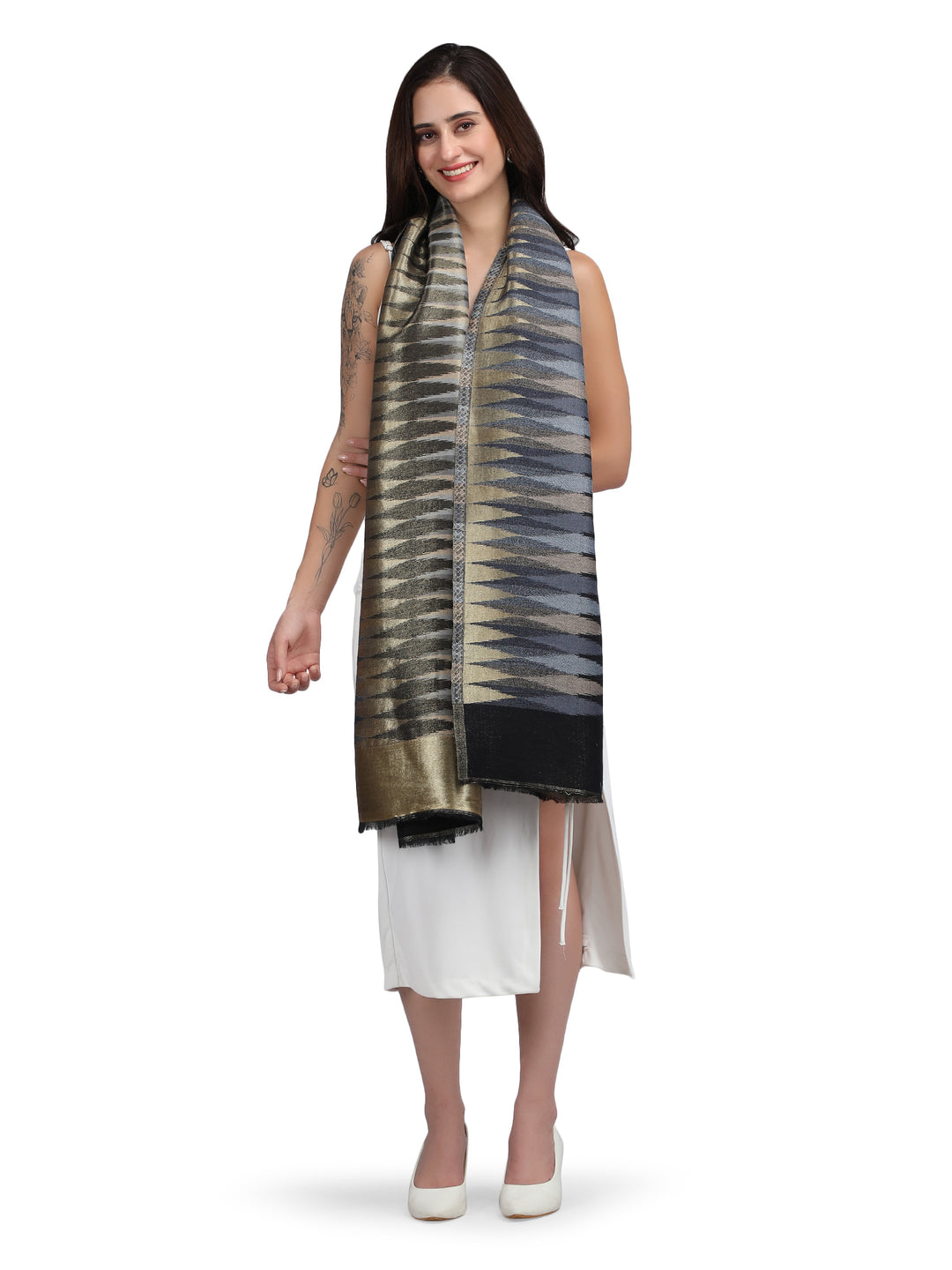 Black Zari Leheriya 100% Fine Wool Stole - Reversible- 365