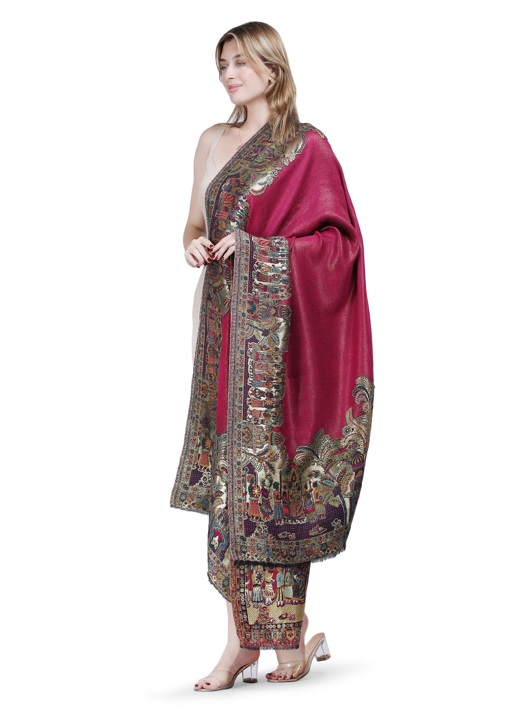 Mughal Border Zari Reversible 100% Fine Shawl- Rani Pink- 129