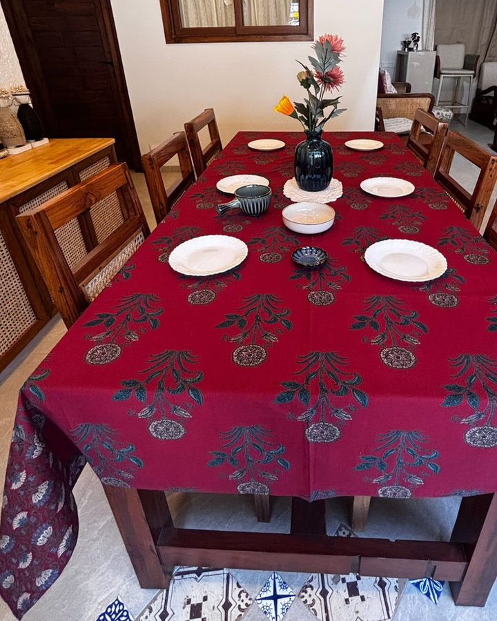 Mughal Gulbahar 100% Cotton 6 Seater Table Cover(60 x 90 inches)- Maroon