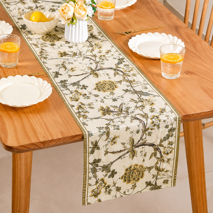 Green Blossom 100% Quilted Cotton Table Runner - 13 x 72 inches