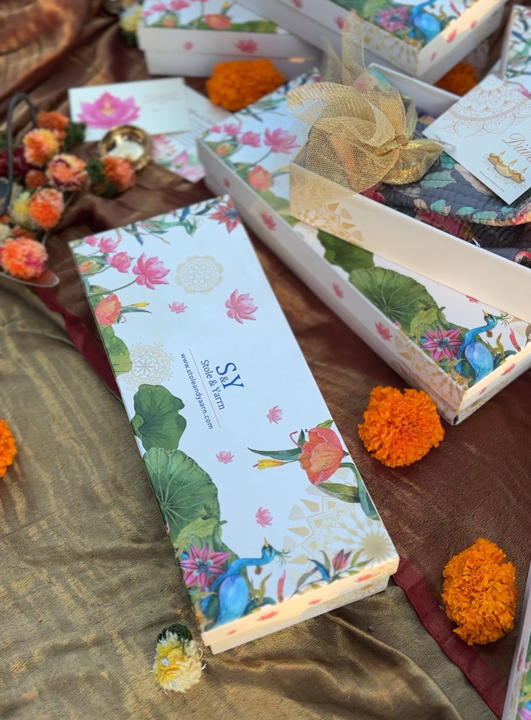 Diwali Hamper - Table Runner (13 x 54 inches) , Brass Diya, Phool Incense Cone-156
