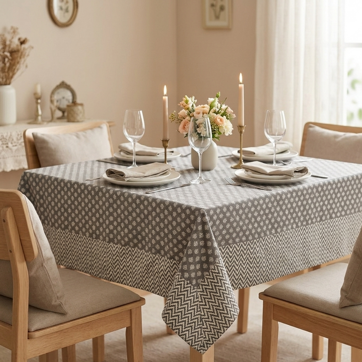 Grey Mogra Motif 100% Cotton Square Table Cover