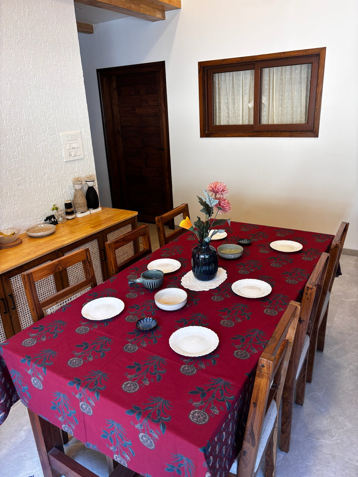 Mughal Gulbahar 100% Cotton 6 Seater Table Cover(60 x 90 inches)- Maroon