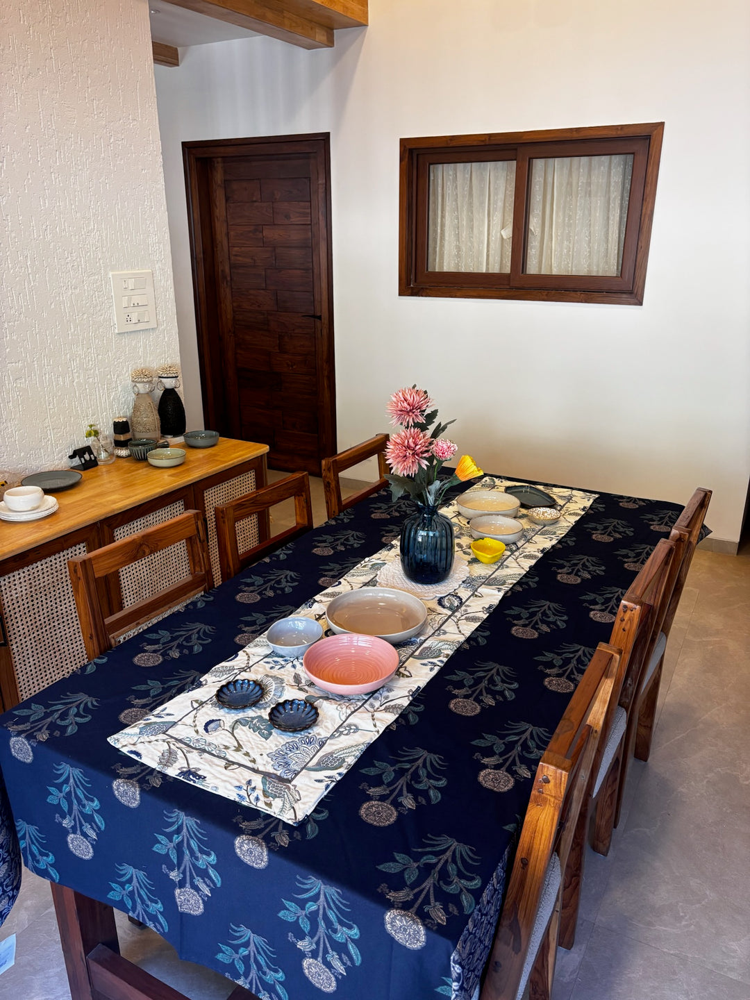 Mughal Gulbahar 100% Cotton 6 Seater Table Cover(60 x 90 inches)- Blue