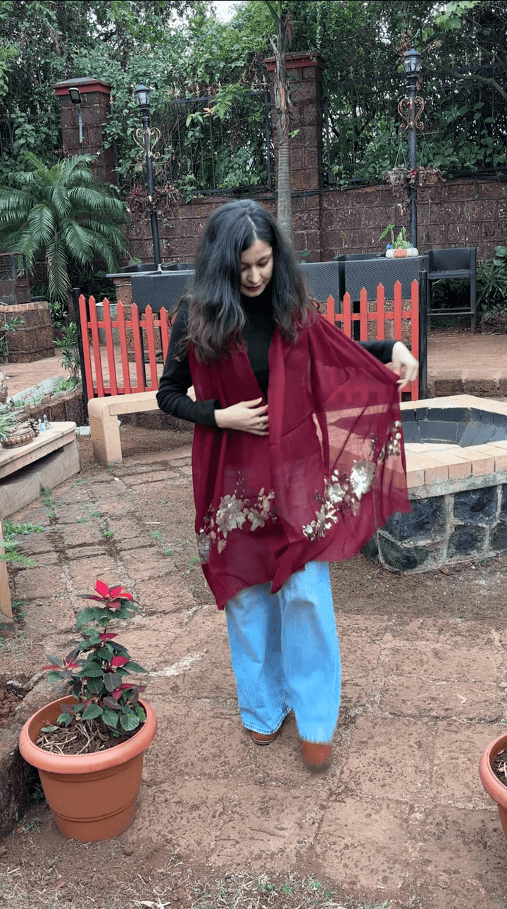 Red Floral Sequins Fine Wool Stole - 415