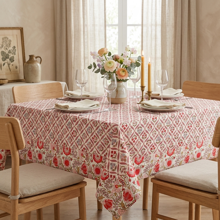 Jaipuri Cotton Square Table Cover(40 x 40 Inches) - 119- Pink