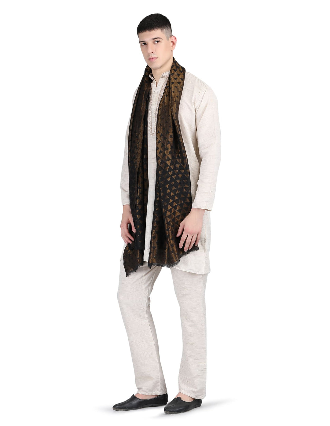 Him/Her Black Pyramid Zari 100% Fine Wool Stole - 7393 - Black