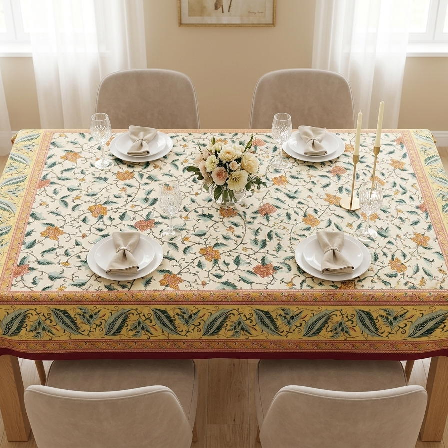 Green Gold Leaf Jaipuri 6 Seater 100% Cotton Table Cover - 8031