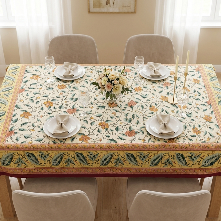 Green Gold Leaf Jaipuri 6 Seater 100% Cotton Table Cover - 8031