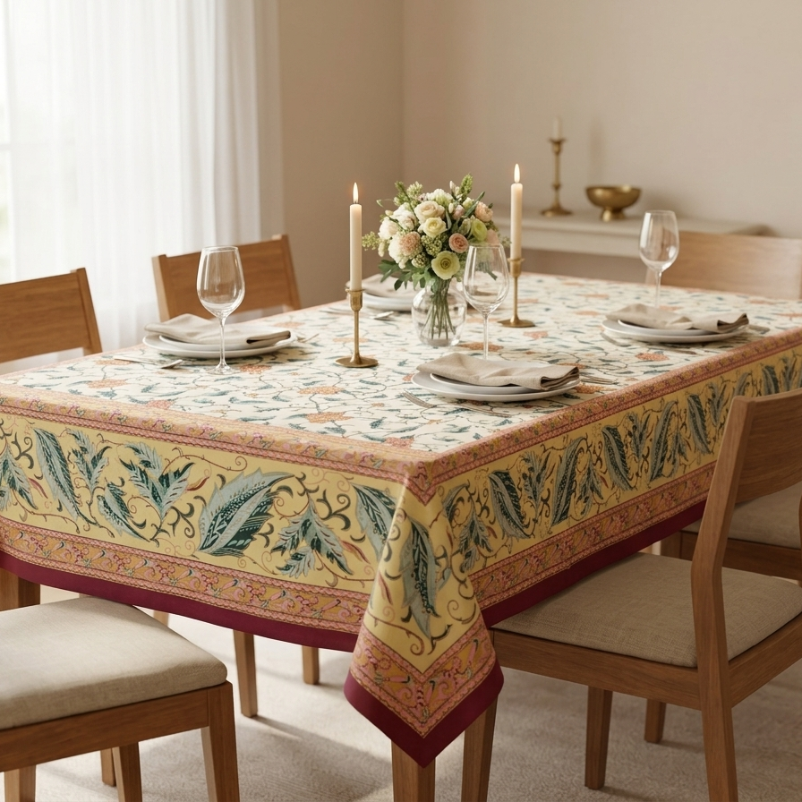 Green Gold Leaf Jaipuri 6 Seater 100% Cotton Table Cover - 8031