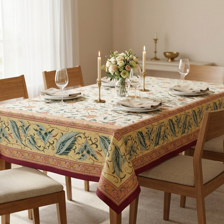 Green Gold Leaf Jaipuri 6 Seater 100% Cotton Table Cover - 8031