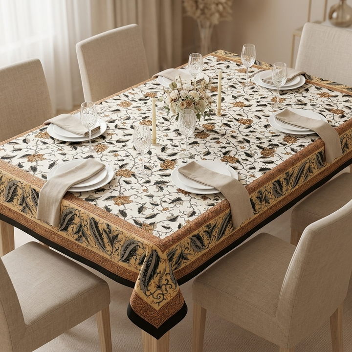 Brown Gold Leaf Jaipuri 6 Seater 100% Cotton Table Cover - 8032