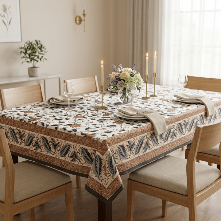Brown Gold Leaf Jaipuri 6 Seater 100% Cotton Table Cover - 8032
