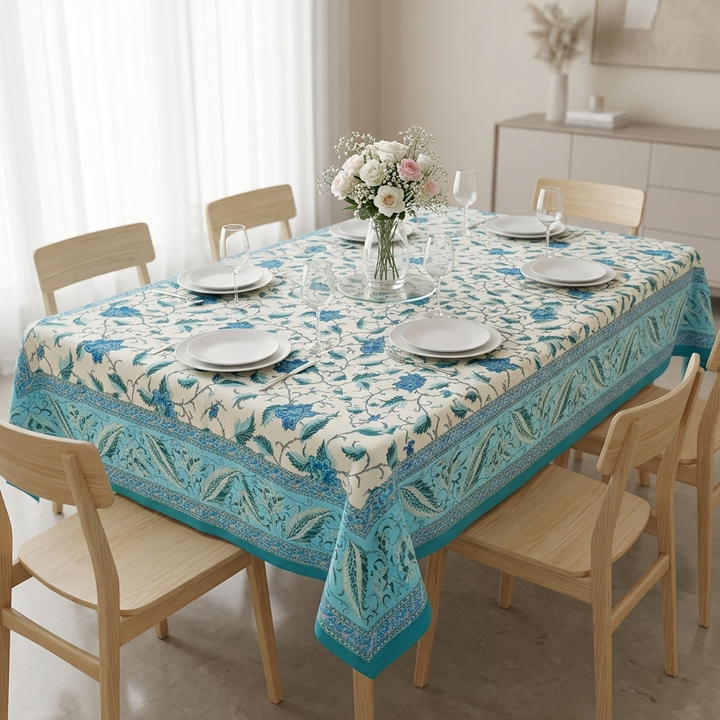 Blue Gold Leaf Jaipuri 6 Seater 100% Cotton Table Cover - 8033