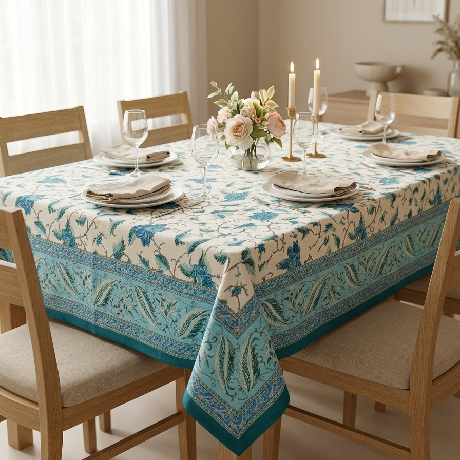 Blue Gold Leaf Jaipuri 6 Seater 100% Cotton Table Cover - 8033