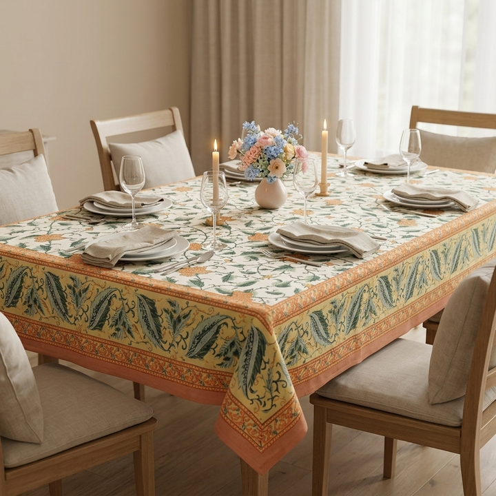 Orange Gold Leaf Jaipuri 6 Seater 100% Cotton Table Cover - 105