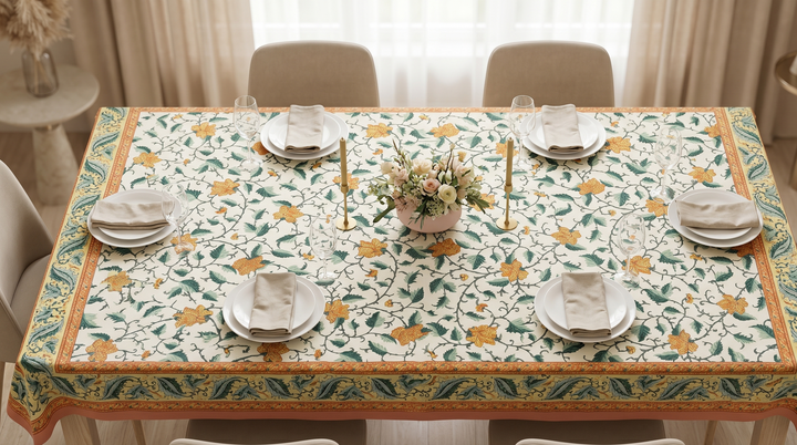 Orange Gold Leaf Jaipuri 6 Seater 100% Cotton Table Cover - 105