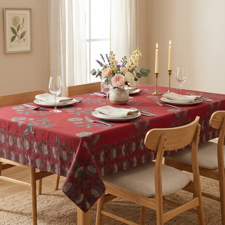 Mughal Gulbahar 100% Cotton 6 Seater Table Cover(60 x 90 inches)- Maroon
