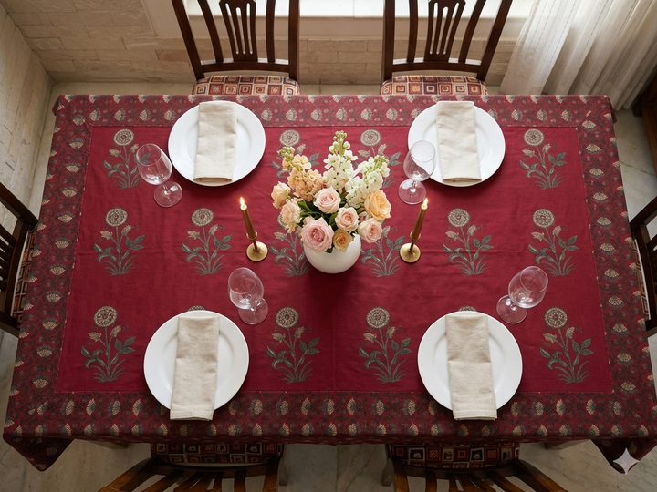 Mughal Gulbahar 100% Cotton 6 Seater Table Cover(60 x 90 inches)- Maroon