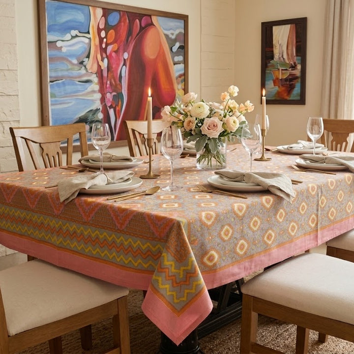 Tarang 100% Cotton 6 Seater Table Cover(60 x 90 inches)- Pink